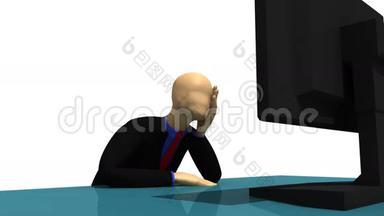 动画展示3D男子坐在屏幕前的桌子